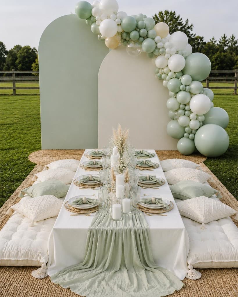 Sage and cream outdoor picnic styling with double arch backdrop and balloon garland