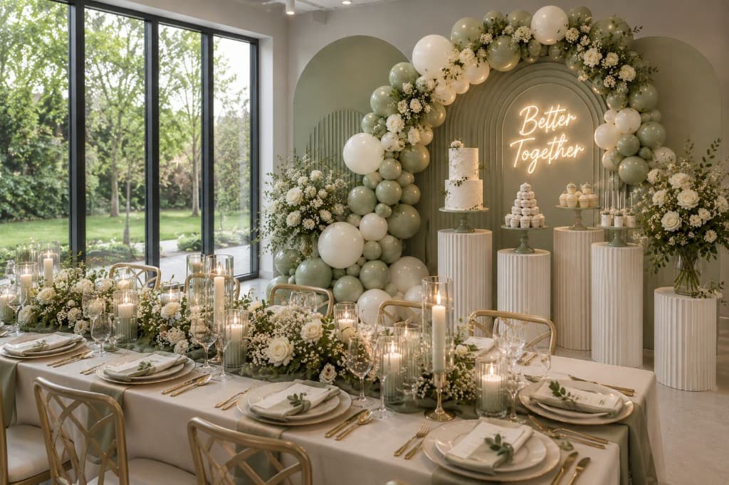Long dining table styling with sage green backdrop, neon sign, and dessert display